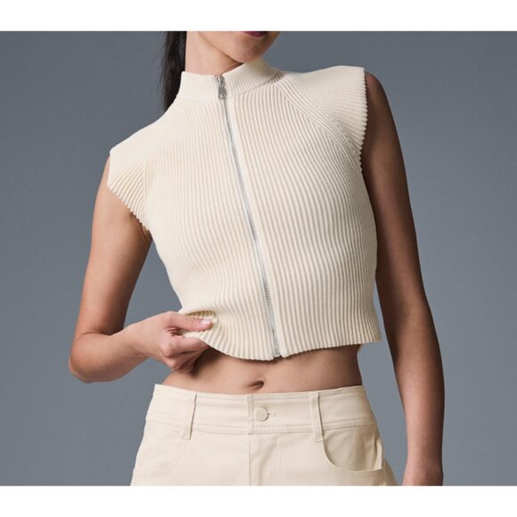 Alo Denim Knit Sleeveless Full Zip Top Oat Milk Beige Cream Sweater Knit Zipper - Picture 4 of 15